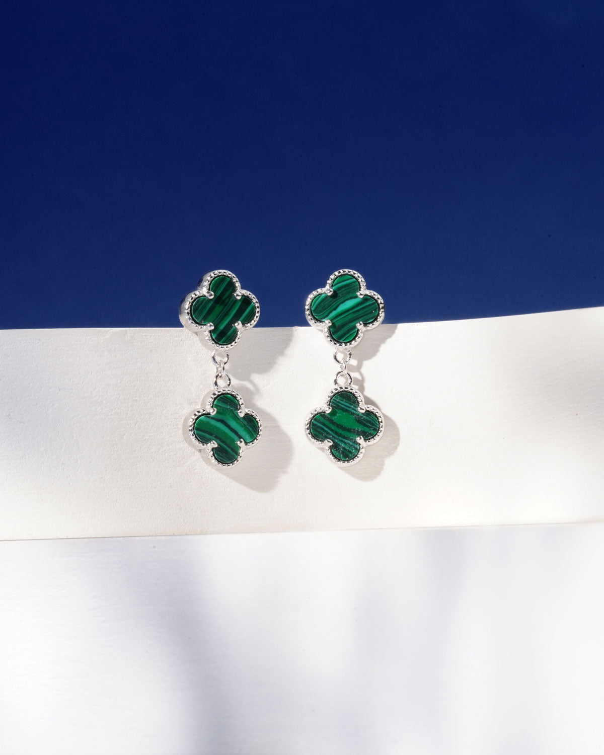 Siora Malachite Clover Complete Jewellery Set | 925 Sterling Silver Rhodium Plated | Necklace + Earrings