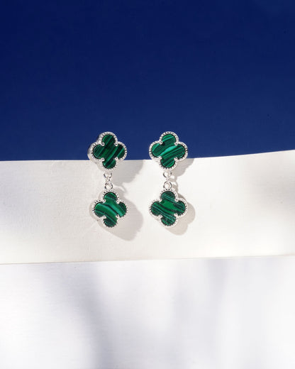 Siora Malachite Clover Complete Jewellery Set | 925 Sterling Silver Rhodium Plated | Necklace + Earrings
