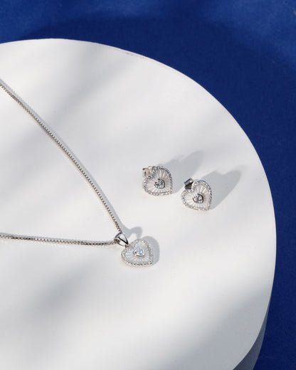 Siora Silver Nested Heart Jewellery Set | 925 Sterling Silver Rhodium Plated | Necklace + Earrings