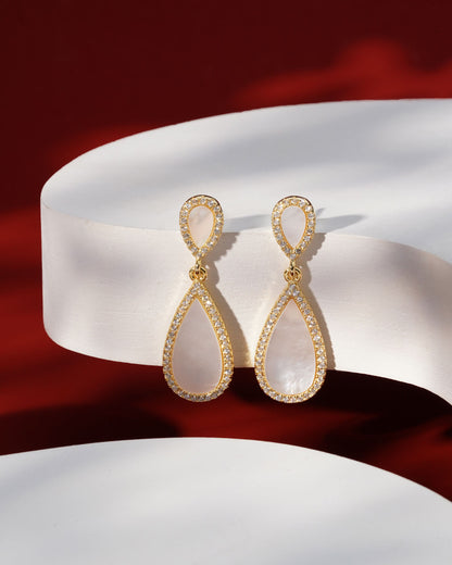Siora Gold MOP Teardrop Halo Drop Earrings | 925 Sterling Silver 18K Gold Plated