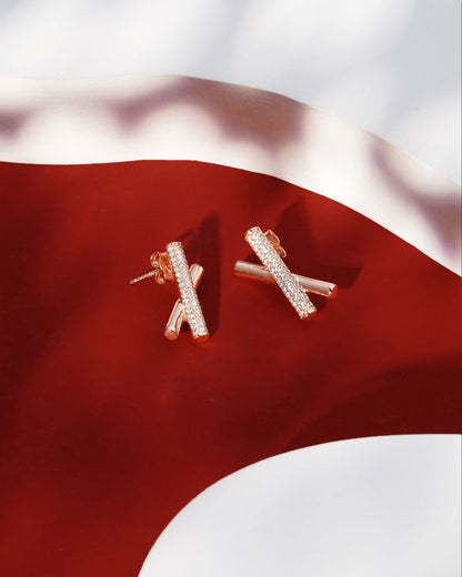 Siora Cross Bar CZ Stud Earrings | 925 Sterling Silver Rose Gold