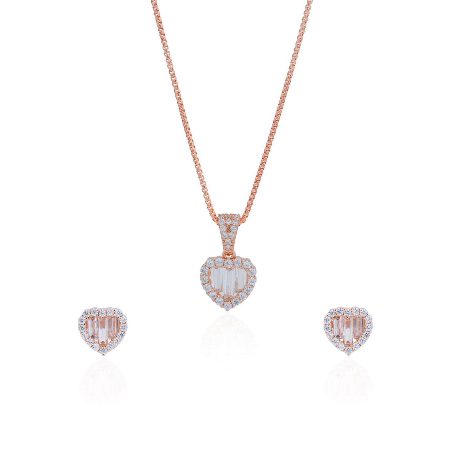 Siora Baguette Heart Jewellery Set | 925 Sterling Silver Rose Gold | Necklace + Earrings