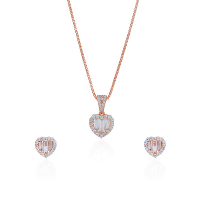 Siora Baguette Heart Jewellery Set | 925 Sterling Silver Rose Gold | Necklace + Earrings