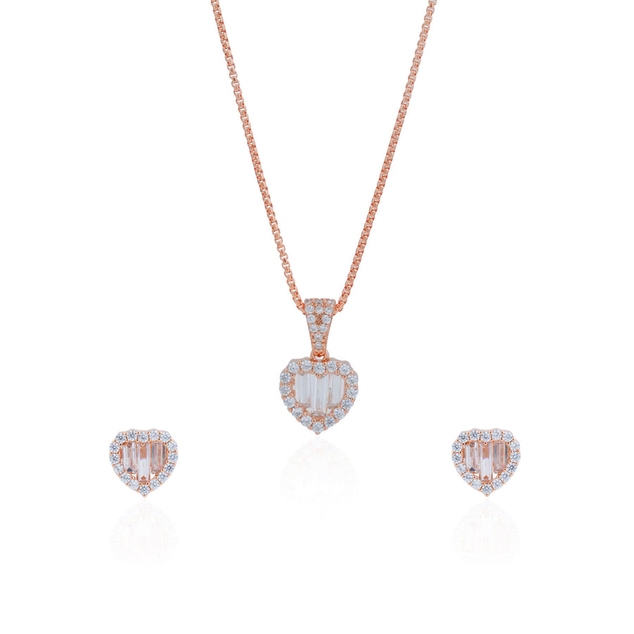 Siora Baguette Heart Jewellery Set | 925 Sterling Silver Rose Gold | Necklace + Earrings