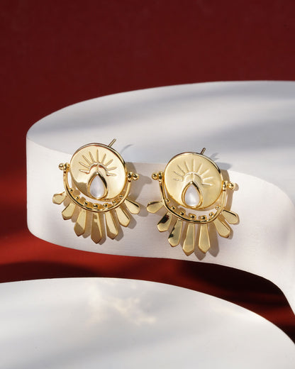 Siora Gold Sun Disc Fan Drop Earrings | 925 Sterling Silver 18K Gold Plated