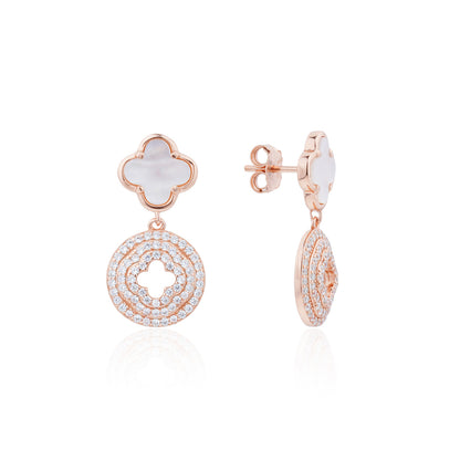 Siora Clover & Halo Circle Drop Earrings | 925 Sterling Silver Rose Gold