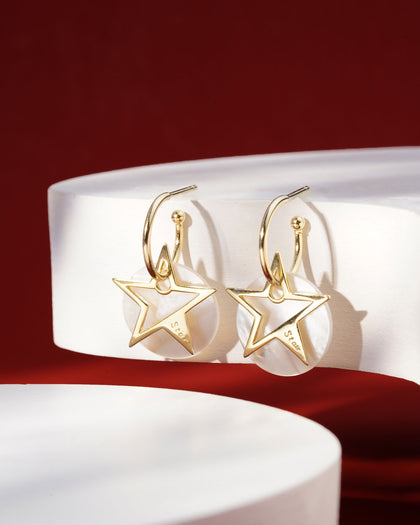 Siora Gold Star & Pearl Hook Earrings | 925 Sterling Silver 18K Gold Plated