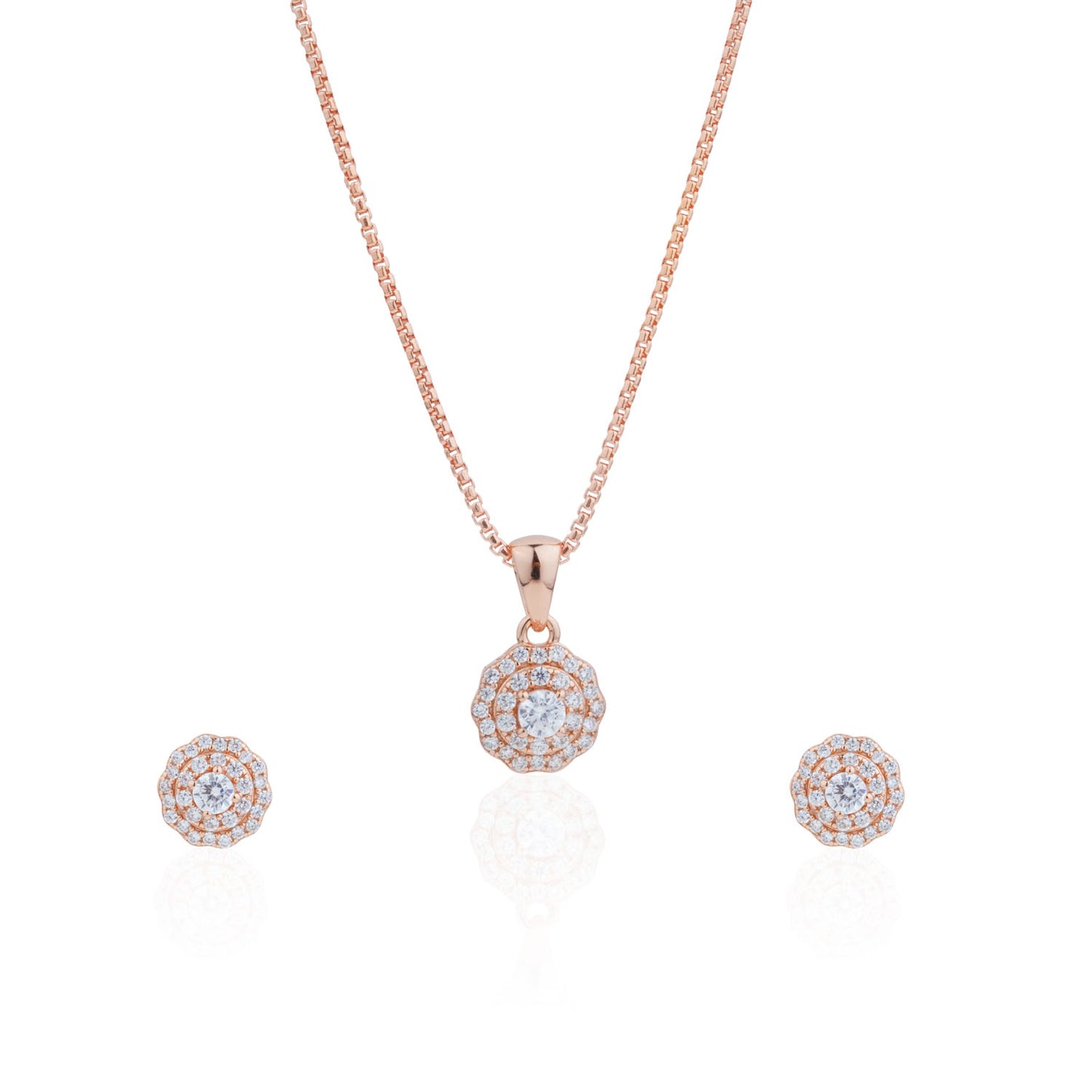 Siora Rosette CZ Jewellery Set | 925 Sterling Silver Rose Gold | Necklace + Earrings