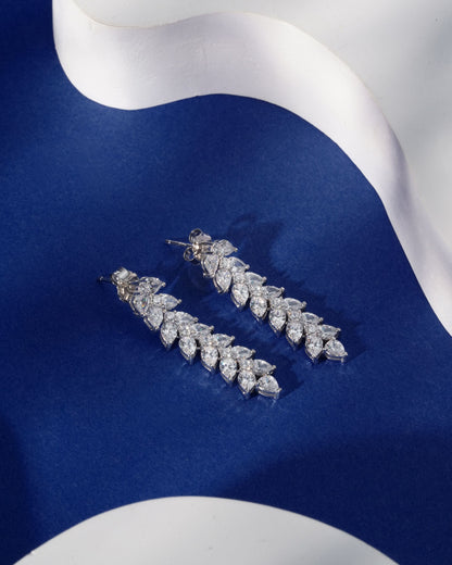 Siora Silver Leaf Spine CZ Drop Earrings | 925 Sterling Silver Rhodium Plated
