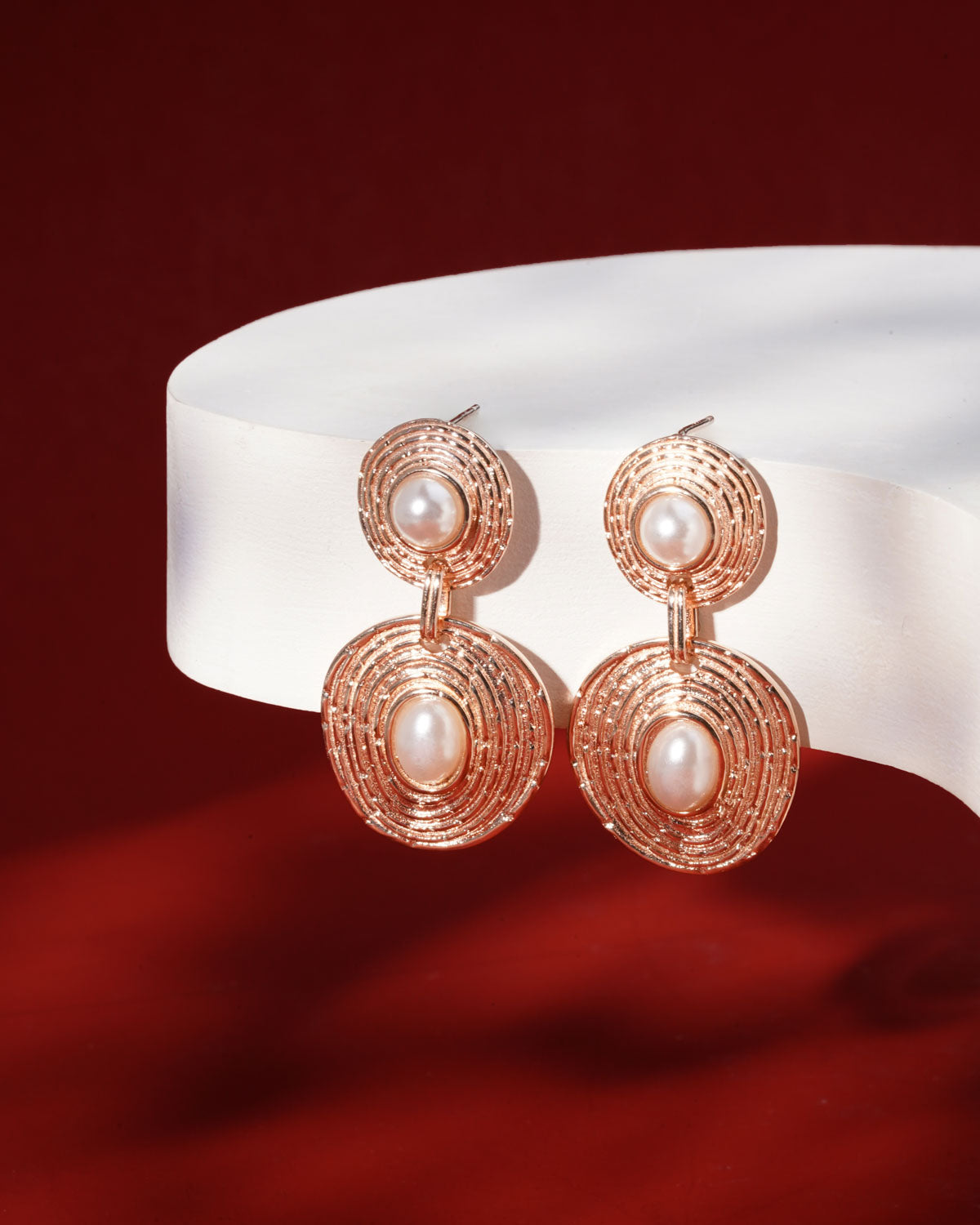 Siora Pearl Orbital Double Disc Drop Earrings | 925 Sterling Silver Rose Gold