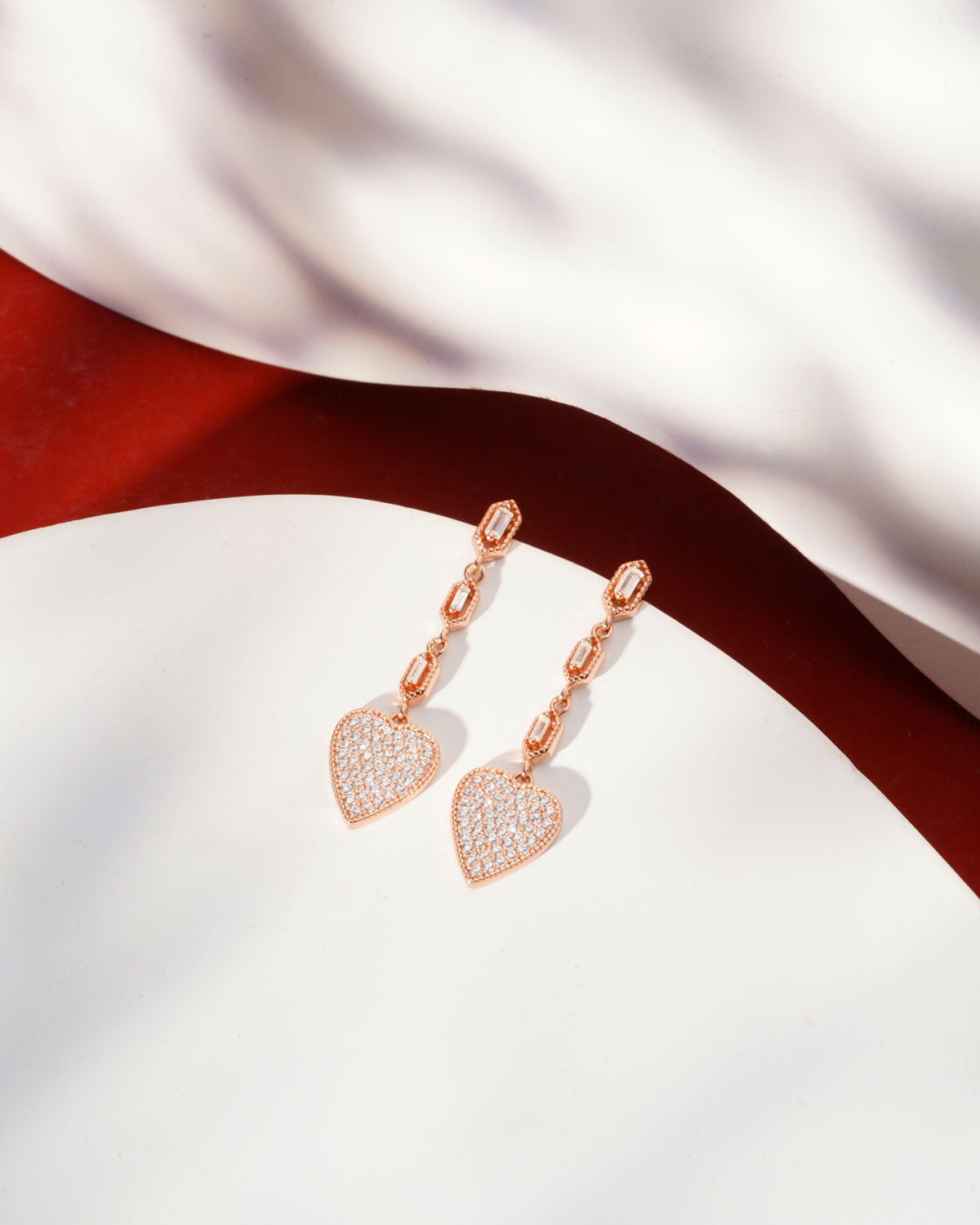 Siora Heart Drop Baguette Chain Earrings | 925 Sterling Silver Rose Gold