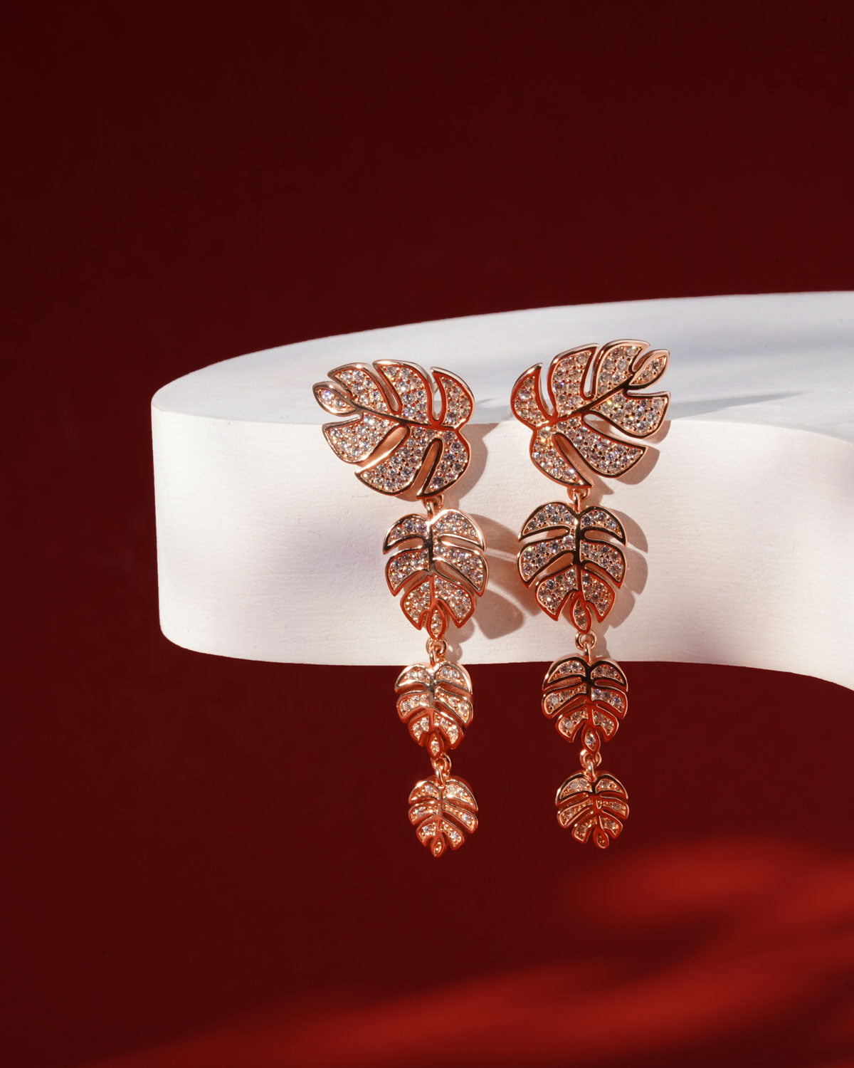 Siora Monstera Cascade CZ Drop Earrings | 925 Sterling Silver Rose Gold