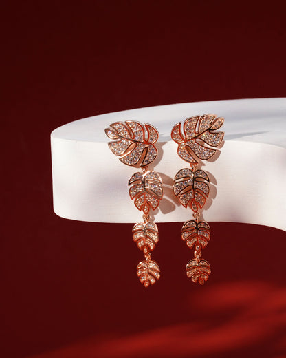 Siora Monstera Cascade CZ Drop Earrings | 925 Sterling Silver Rose Gold