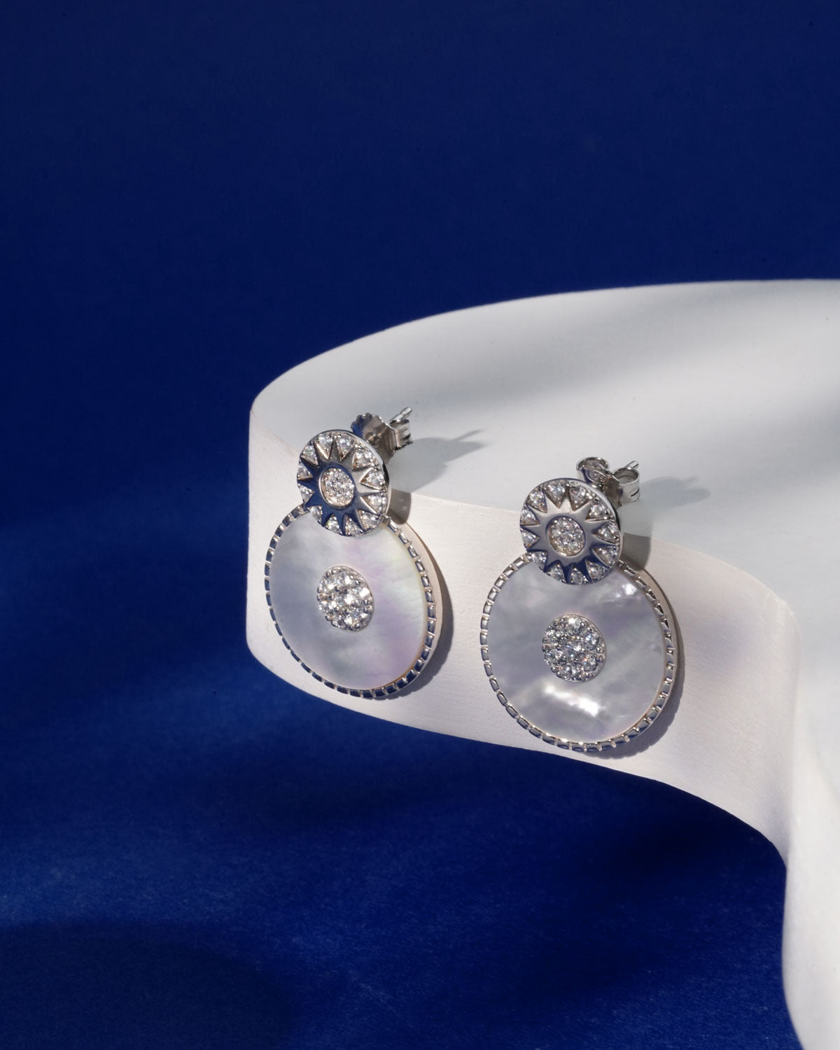 Siora Silver Celestial MOP Double Disc Earrings | 925 Sterling Silver Rhodium Plated
