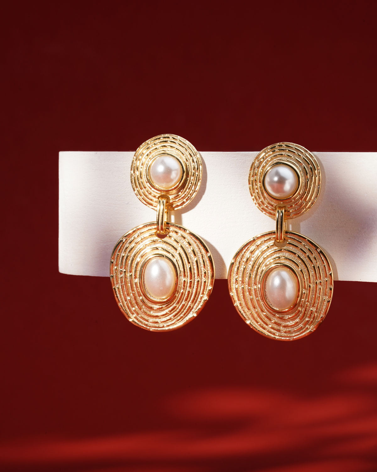Siora Gold Pearl Orbital Double Disc Earrings | 925 Sterling Silver 18K Gold Plated