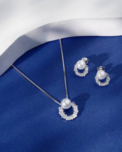Siora Silver Pearl Arc Jewellery Set | 925 Sterling Silver Rhodium Plated | Necklace + Earrings