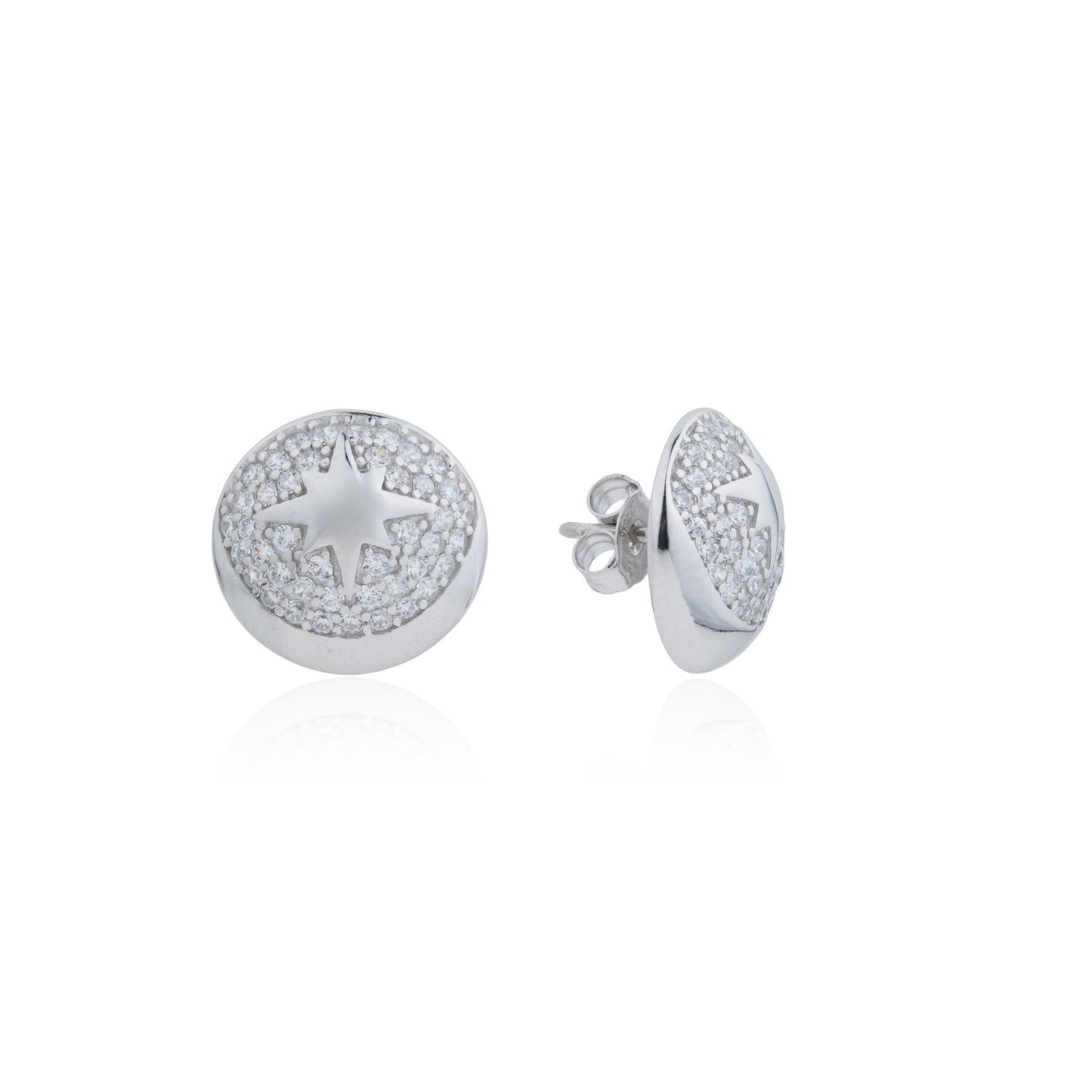 Siora Silver North Star Disc CZ Stud Earrings | 925 Sterling Silver Rhodium Plated