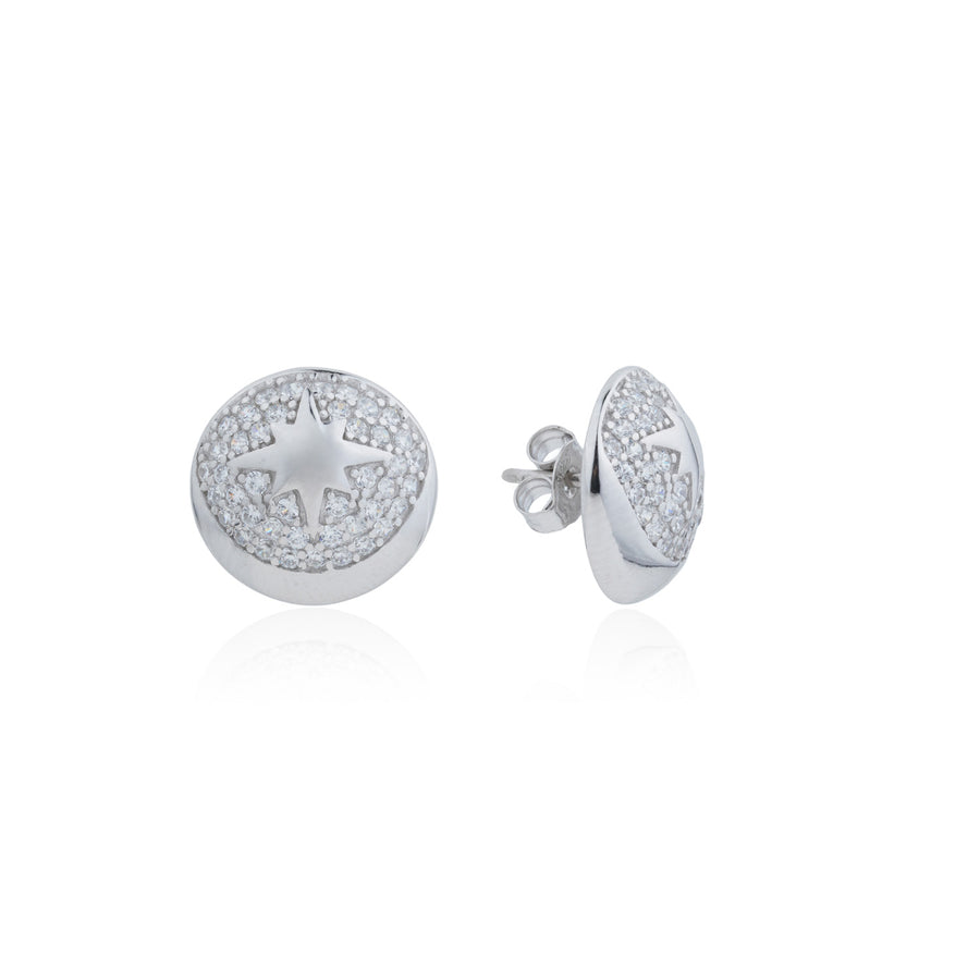 Siora Silver North Star Disc CZ Stud Earrings | 925 Sterling Silver Rhodium Plated