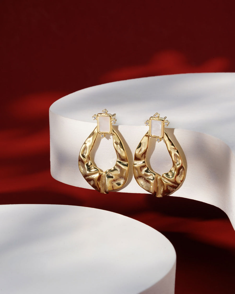 Siora Gold Hammered Teardrop Drop Earrings | 925 Sterling Silver 18K Gold Plated