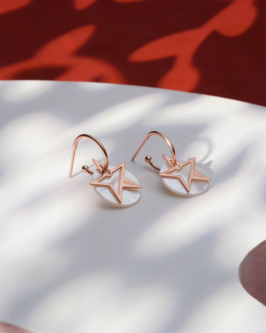 Siora Star & Pearl MOP Hoop Drop Earrings | 925 Sterling Silver Rose Gold