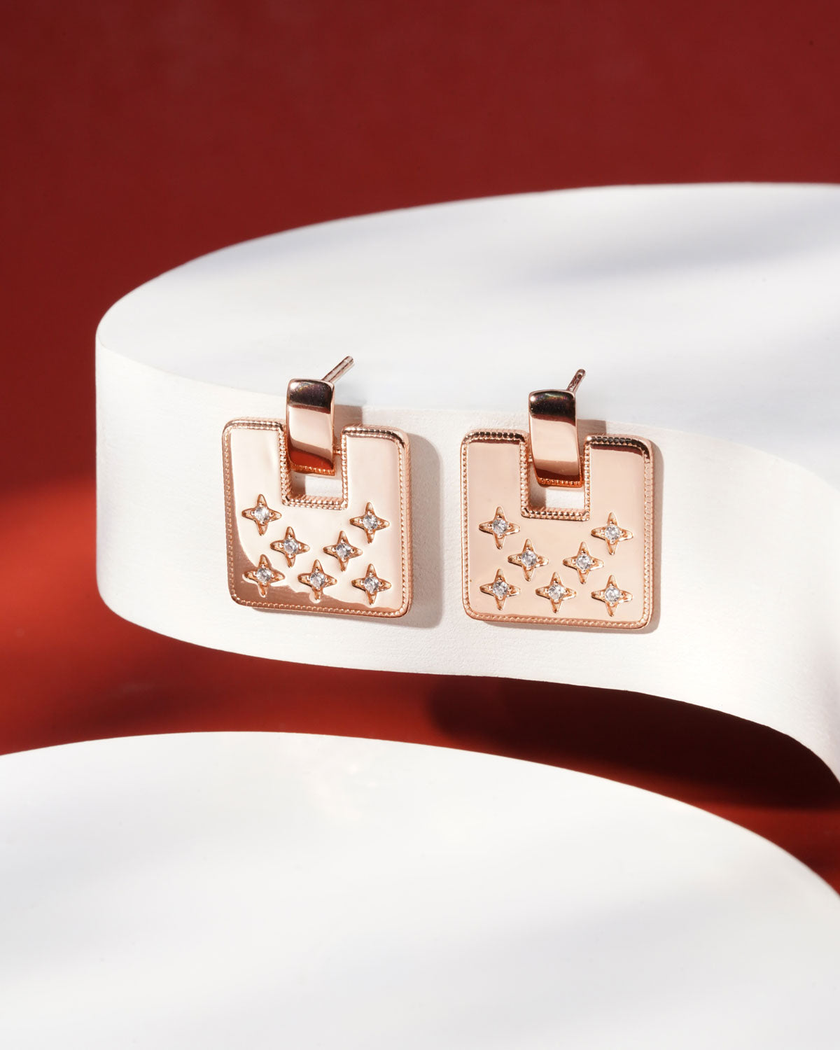 Siora North Star Square Tablet Earrings | 925 Sterling Silver Rose Gold