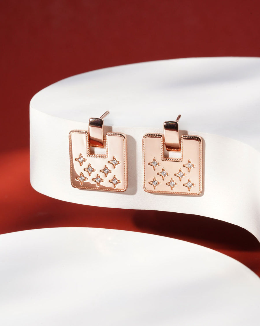 Siora North Star Square Tablet Earrings | 925 Sterling Silver Rose Gold