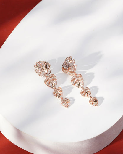 Siora Monstera Cascade CZ Drop Earrings | 925 Sterling Silver Rose Gold