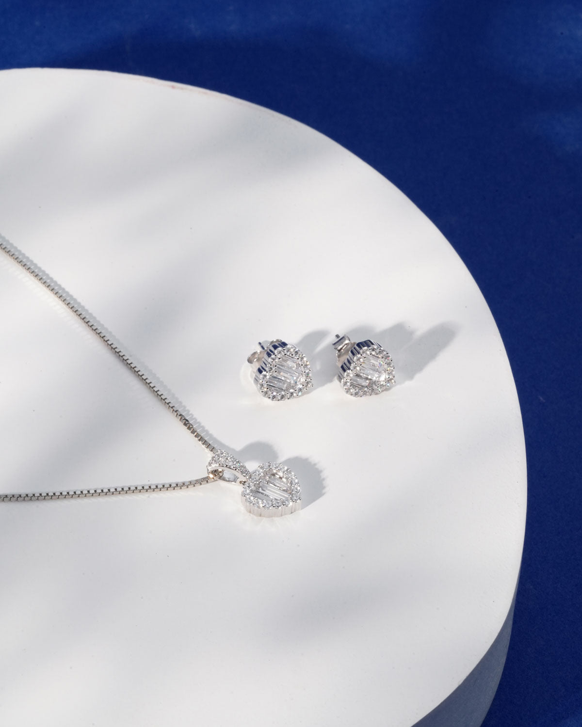 Siora Silver Baguette Heart Jewellery Set | 925 Sterling Silver Rhodium Plated | Necklace + Earrings