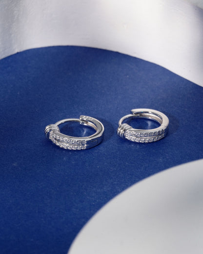 Siora Silver Double Row CZ Huggie Hoop Earrings | 925 Sterling Silver Rhodium Plated