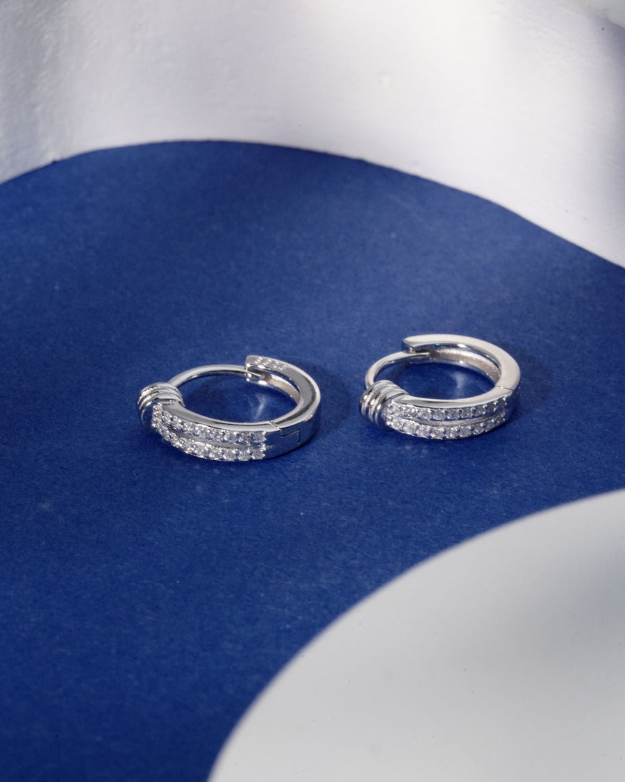Siora Silver Double Row CZ Huggie Hoop Earrings | 925 Sterling Silver Rhodium Plated