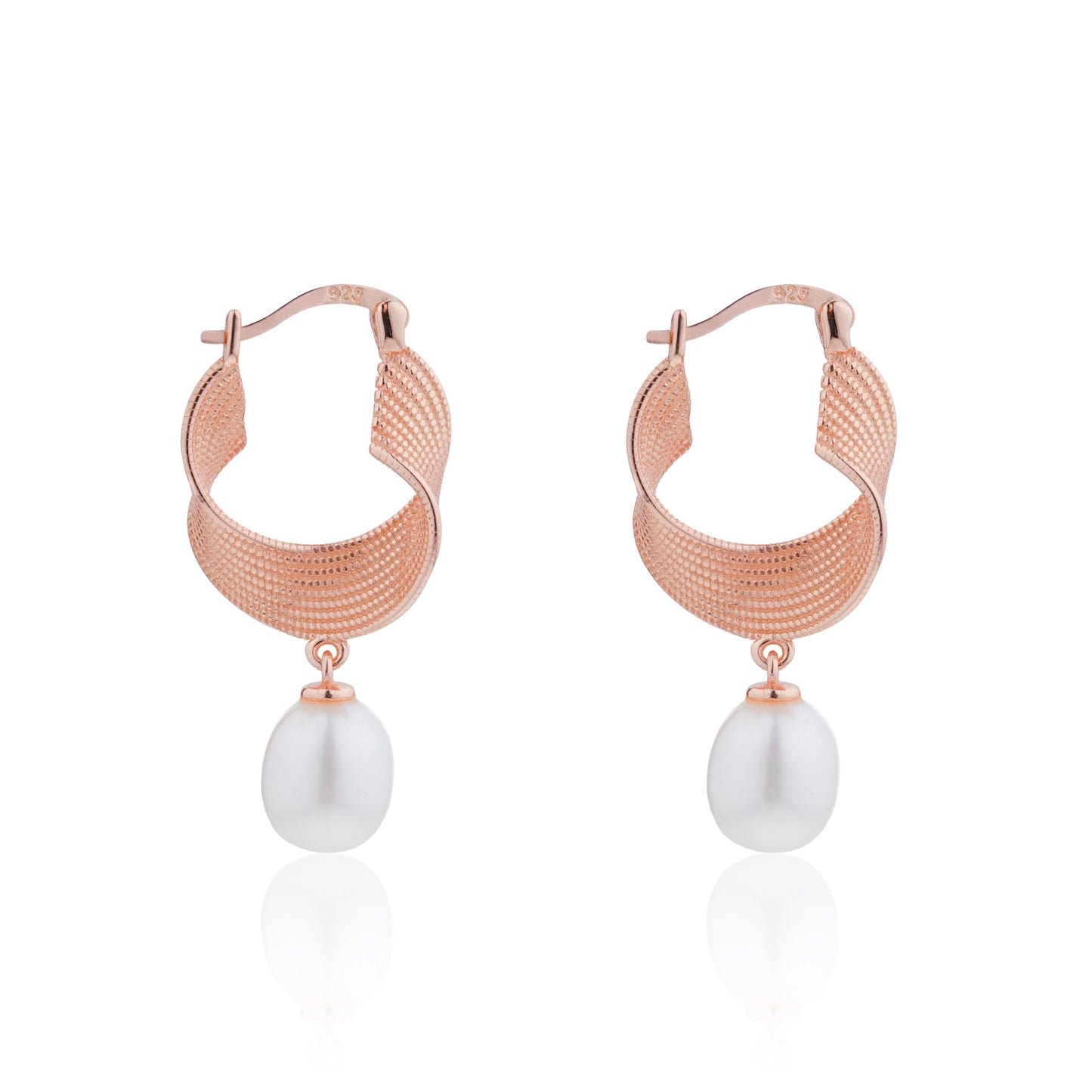 Siora Pearl Drop Twisted Mesh Hoop Earrings | 925 Sterling Silver Rose Gold