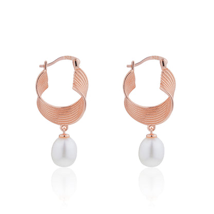 Siora Pearl Drop Twisted Mesh Hoop Earrings | 925 Sterling Silver Rose Gold
