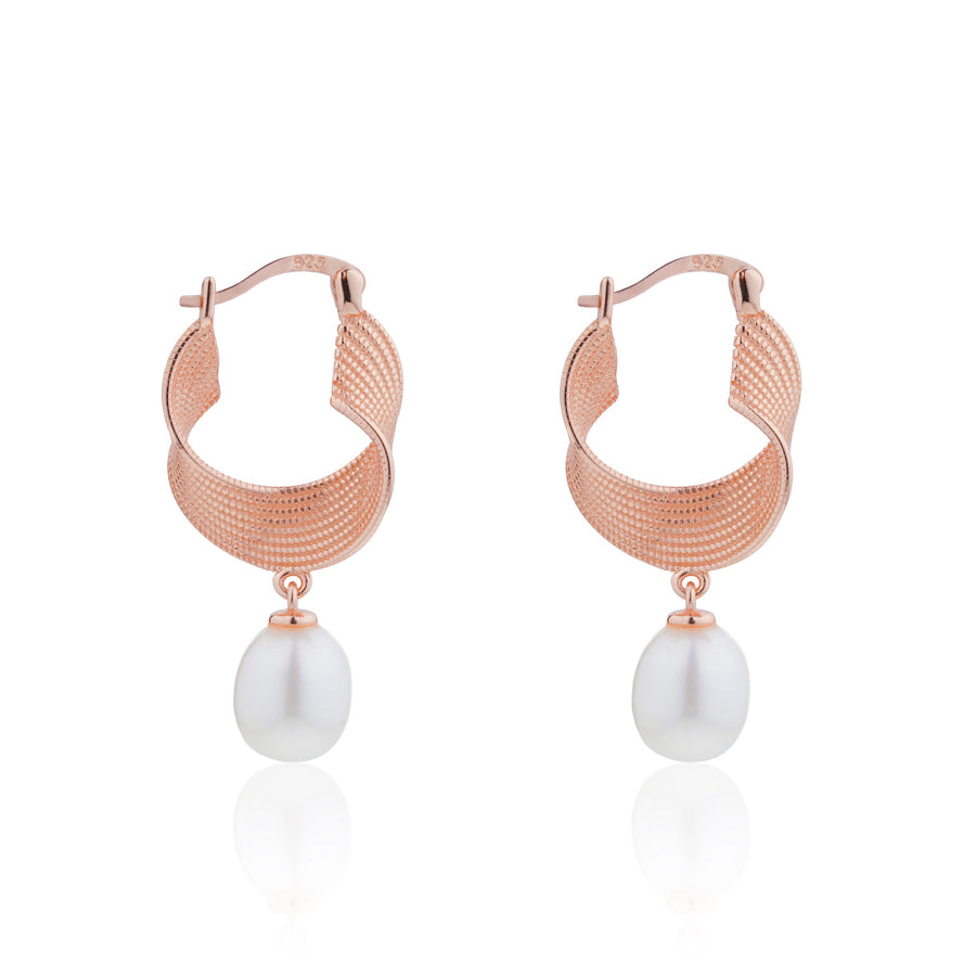Siora Pearl Drop Twisted Mesh Hoop Earrings | 925 Sterling Silver Rose Gold