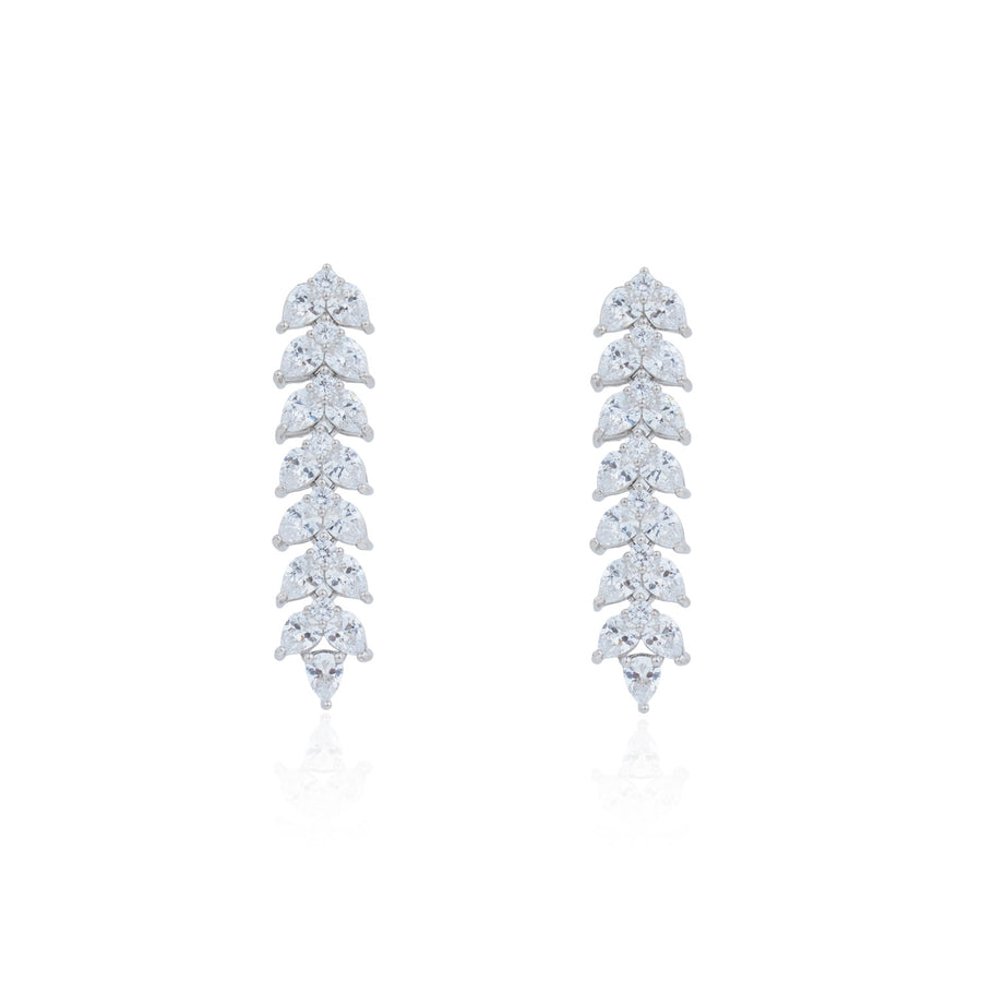 Siora Silver Leaf Spine CZ Drop Earrings | 925 Sterling Silver Rhodium Plated