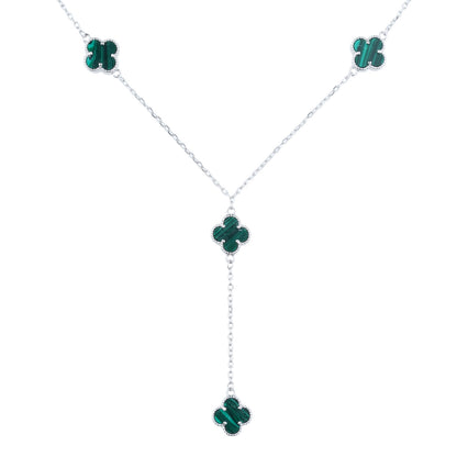 Siora Malachite Clover Complete Jewellery Set | 925 Sterling Silver Rhodium Plated | Necklace + Earrings