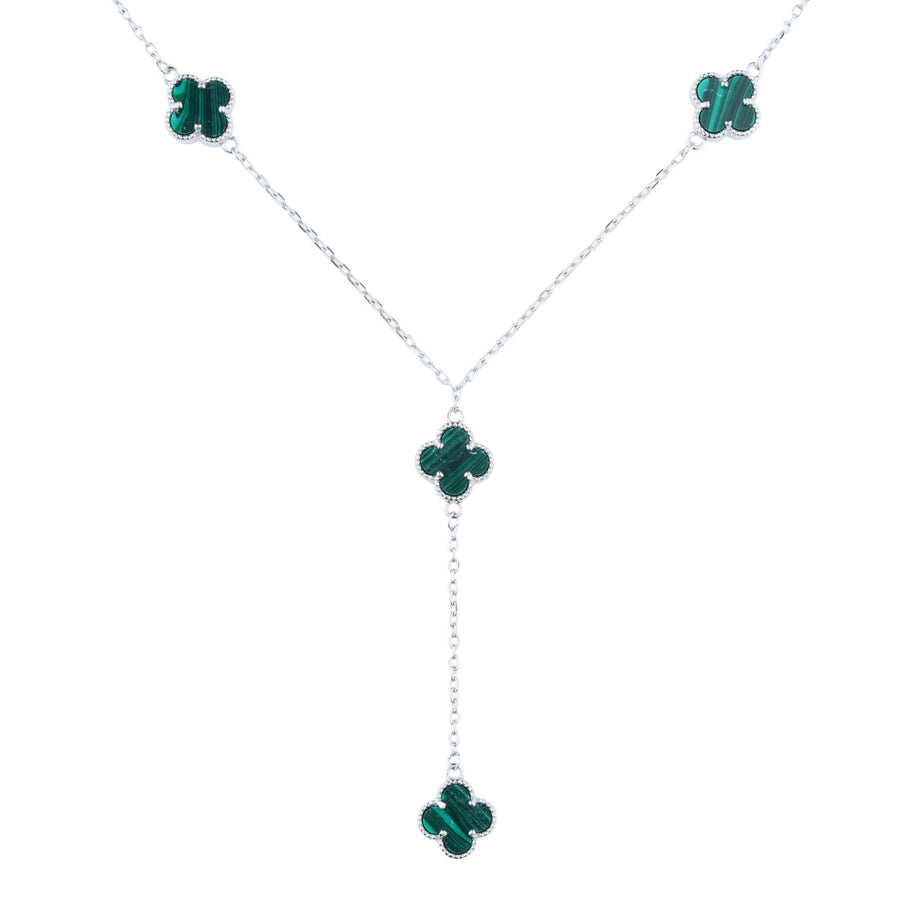 Siora Malachite Clover Complete Jewellery Set | 925 Sterling Silver Rhodium Plated | Necklace + Earrings