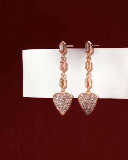 Siora Heart Drop Baguette Chain Earrings | 925 Sterling Silver Rose Gold
