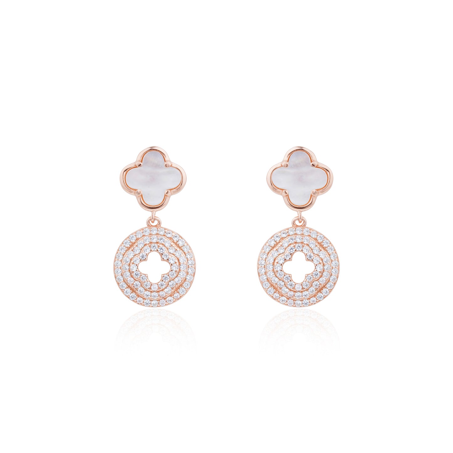 Siora Clover & Halo Circle Drop Earrings | 925 Sterling Silver Rose Gold