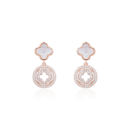Siora Clover & Halo Circle Drop Earrings | 925 Sterling Silver Rose Gold