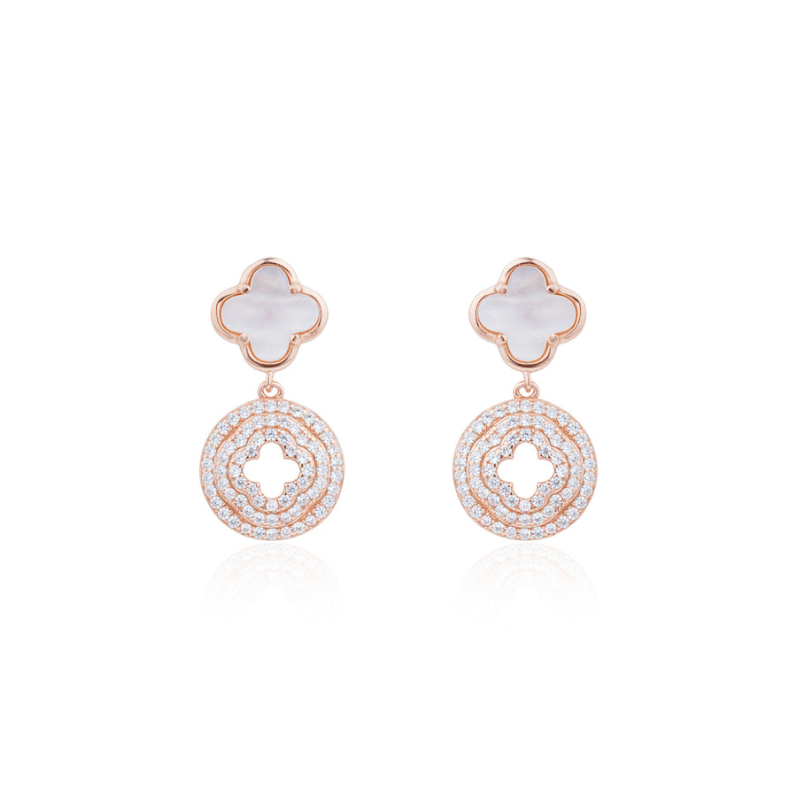 Siora Clover & Halo Circle Drop Earrings | 925 Sterling Silver Rose Gold