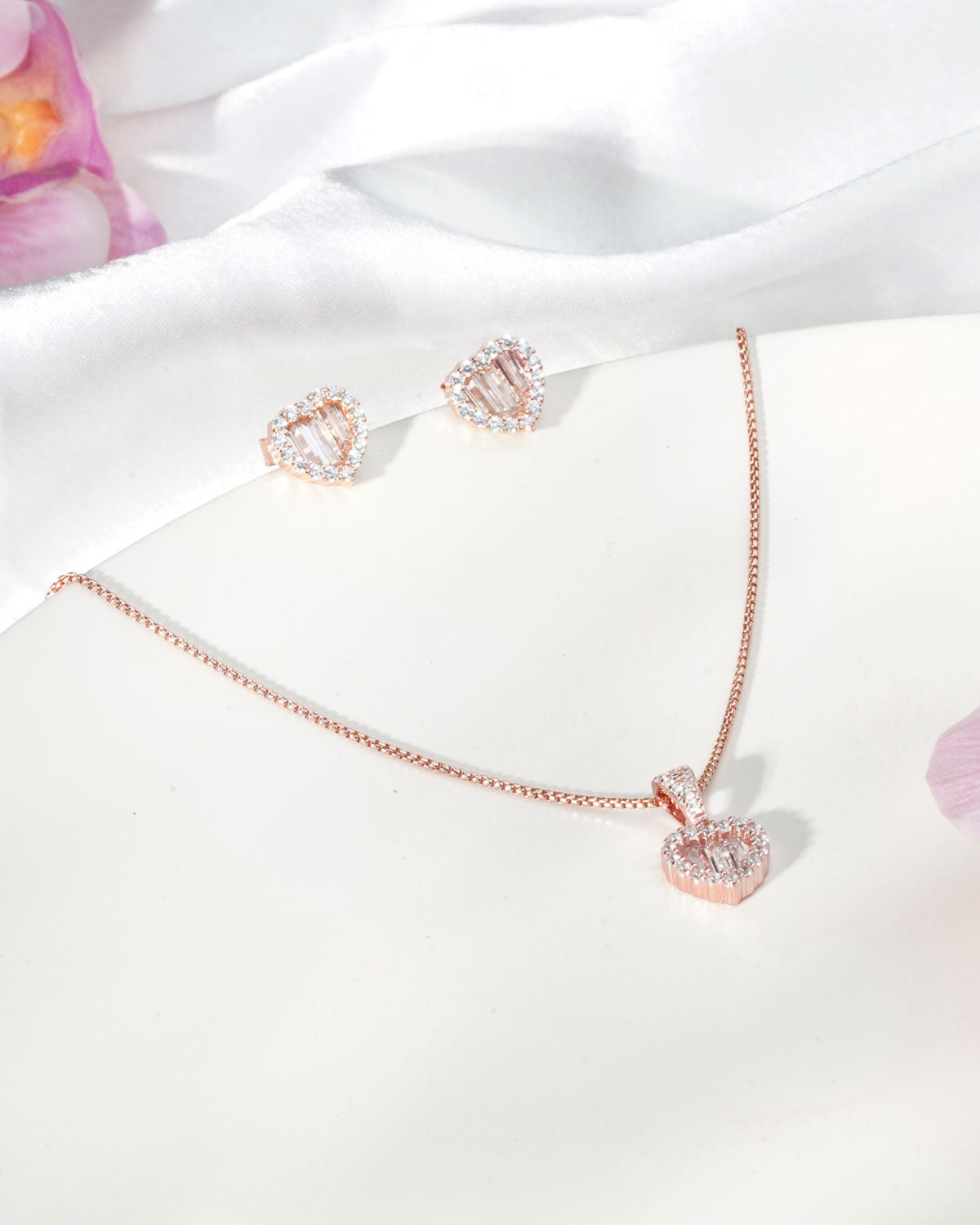 Siora Baguette Heart Jewellery Set | 925 Sterling Silver Rose Gold | Necklace + Earrings