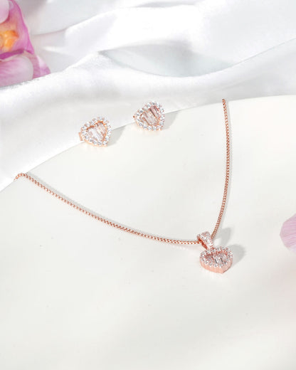 Siora Baguette Heart Jewellery Set | 925 Sterling Silver Rose Gold | Necklace + Earrings