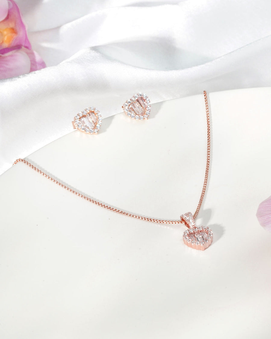 Siora Baguette Heart Jewellery Set | 925 Sterling Silver Rose Gold | Necklace + Earrings