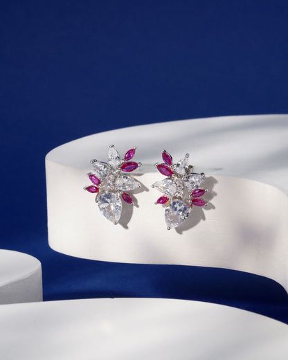 Siora Silver Floral CZ & Ruby Pink Earrings | 925 Sterling Silver Rhodium Plated