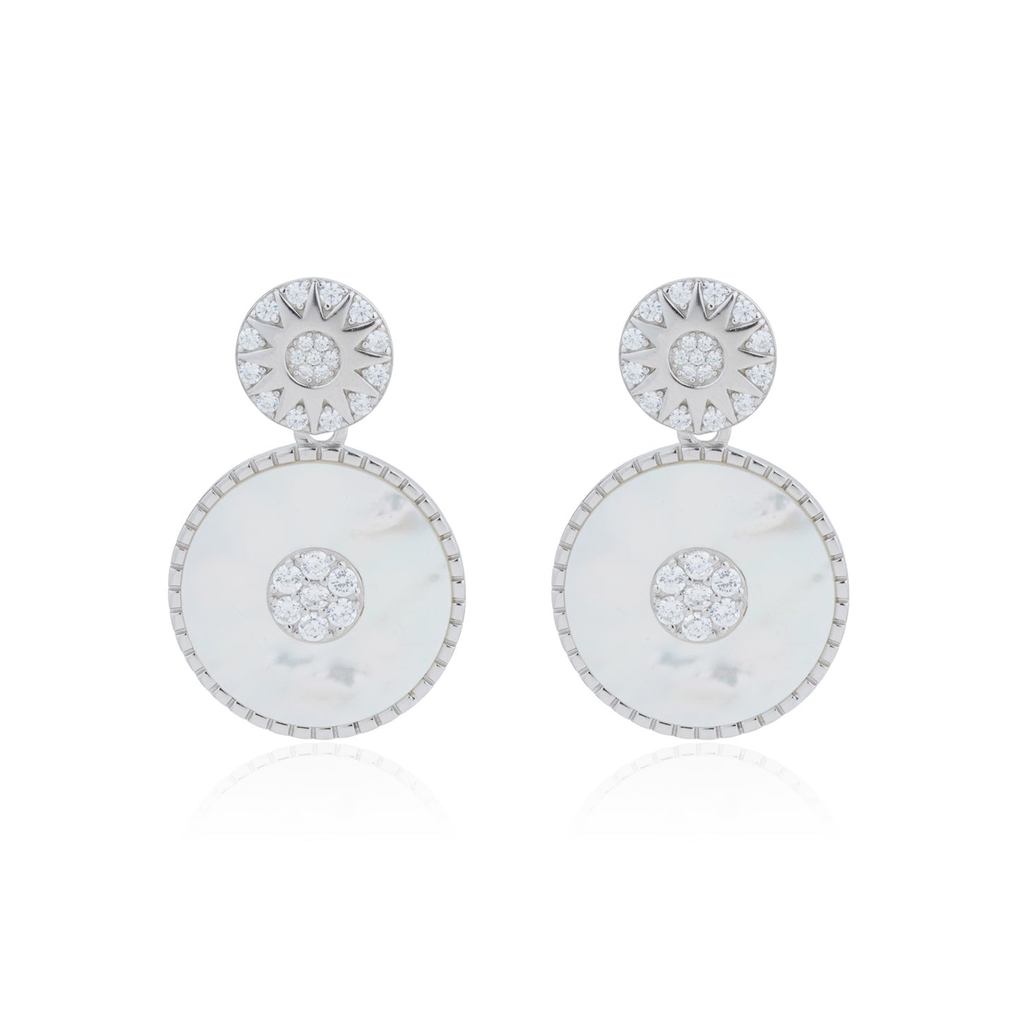 Siora Silver Celestial MOP Double Disc Earrings | 925 Sterling Silver Rhodium Plated
