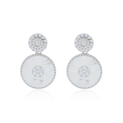 Siora Silver Celestial MOP Double Disc Earrings | 925 Sterling Silver Rhodium Plated