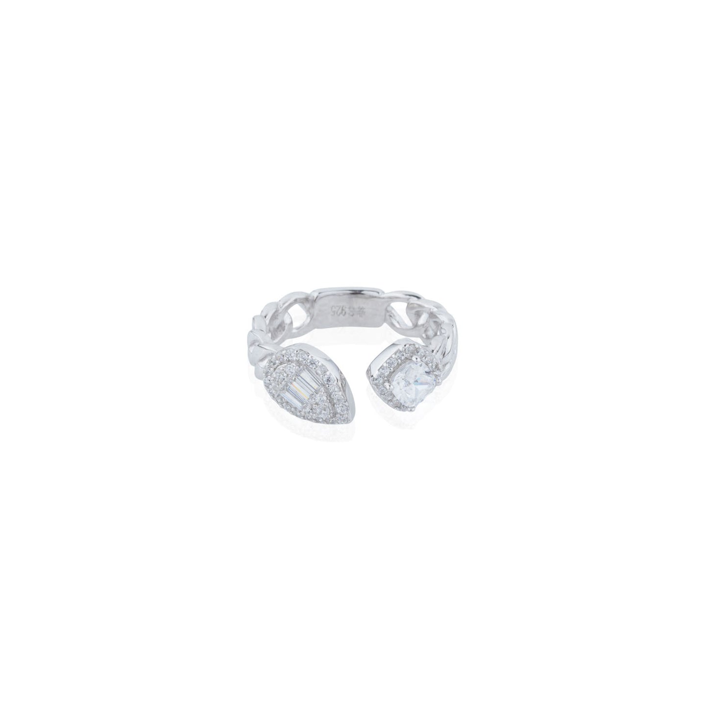 Siora Silver Dual Stone Cuban Link Bypass Ring | 925 Sterling Silver Rhodium Plated