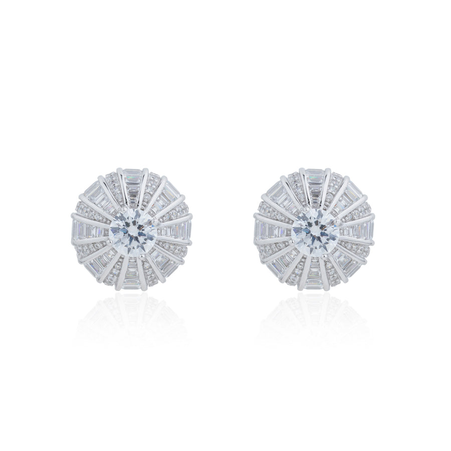 Siora Silver Starburst Pinwheel CZ Stud Earrings | 925 Sterling Silver Rhodium Plated