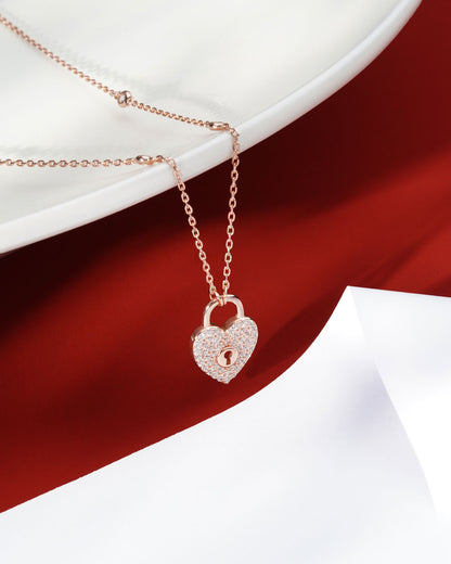 Siora Heart Lock CZ Pendant Necklace | 925 Sterling Silver Rose Gold